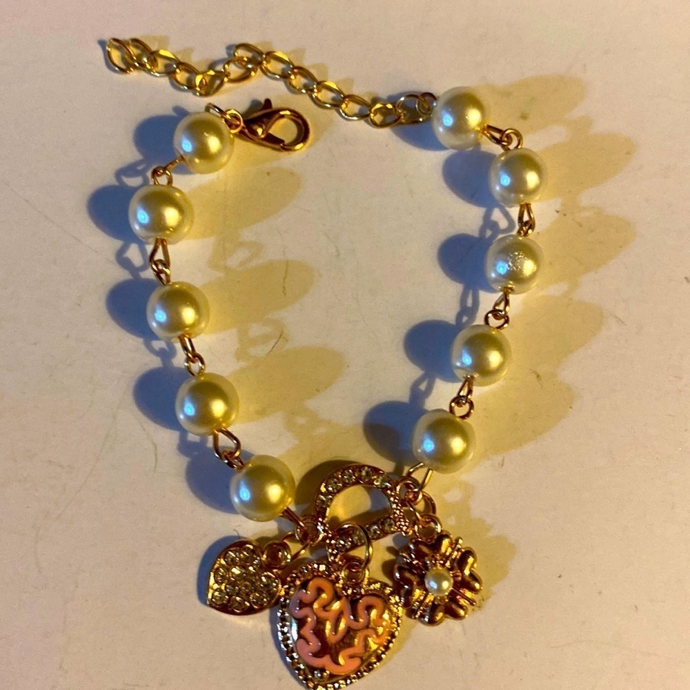 Charm Bracelet, Faux Pearl, Rhinestone, Heart, Daisy, 6-8”, Romantic, NWOT - Picture 8 of 8